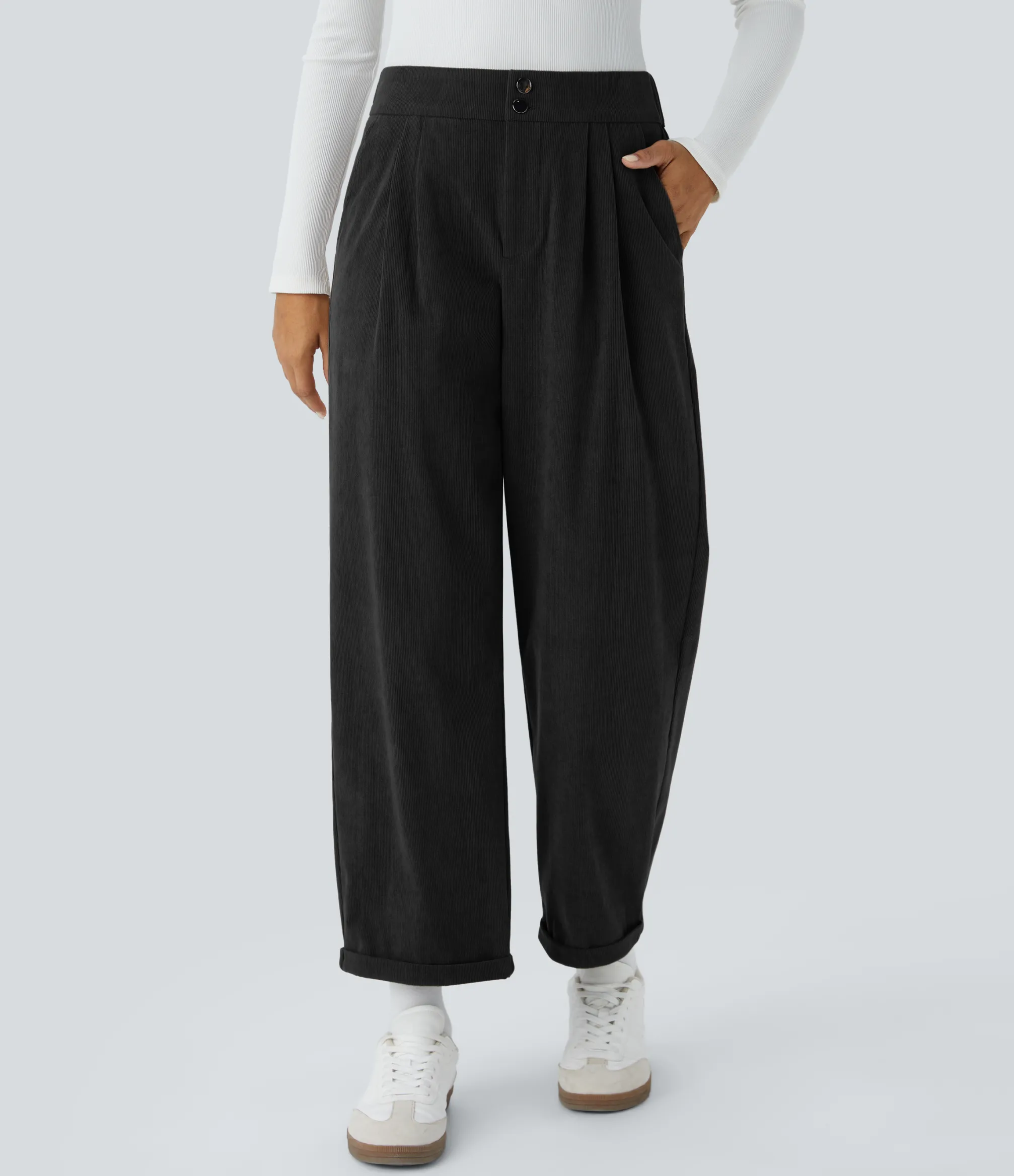 Pants<HALARA Mid Rise Zipper Pockets Ankle Length Casual Corduroy Pants