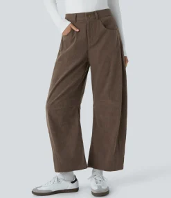 Pants<HALARA Mid Rise Zipper Pockets Barrel Leg Ankle Length Casual Corduroy Pants