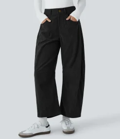 Pants<HALARA Mid Rise Zipper Pockets Barrel Leg Ankle Length Casual Corduroy Pants