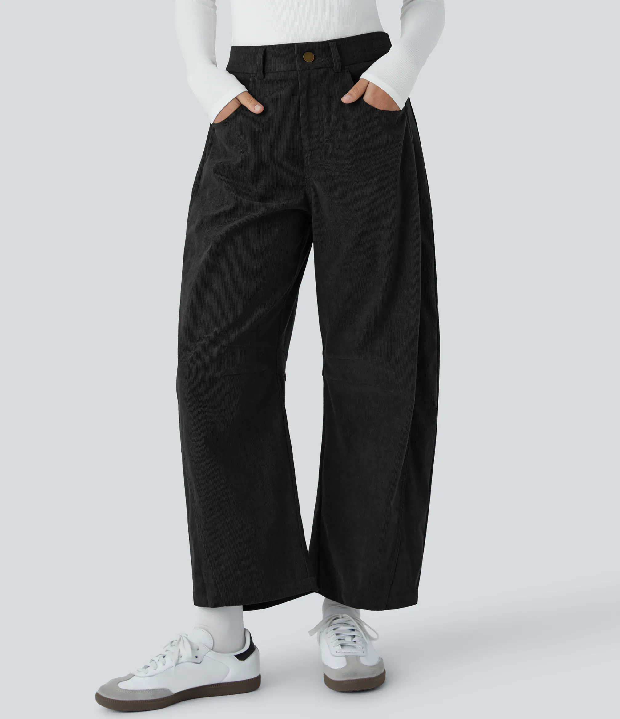 Pants<HALARA Mid Rise Zipper Pockets Barrel Leg Ankle Length Casual Corduroy Pants
