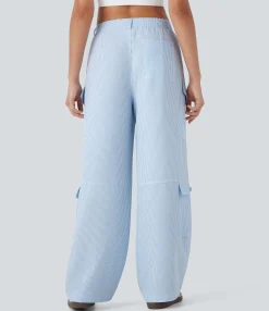 Cargo Pants|Wide-Leg Pants<HALARA Mid Rise Zipper Pockets Wide Leg Stripe Casual Cargo Pants