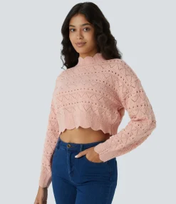 Sweaters<HALARA Mock Neck Bishop Sleeve Scallop Hem Open Knit Casual Sweater