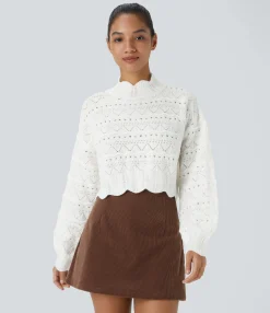Sweaters<HALARA Mock Neck Bishop Sleeve Scallop Hem Open Knit Casual Sweater
