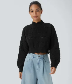 Sweaters<HALARA Mock Neck Bishop Sleeve Scallop Hem Open Knit Casual Sweater