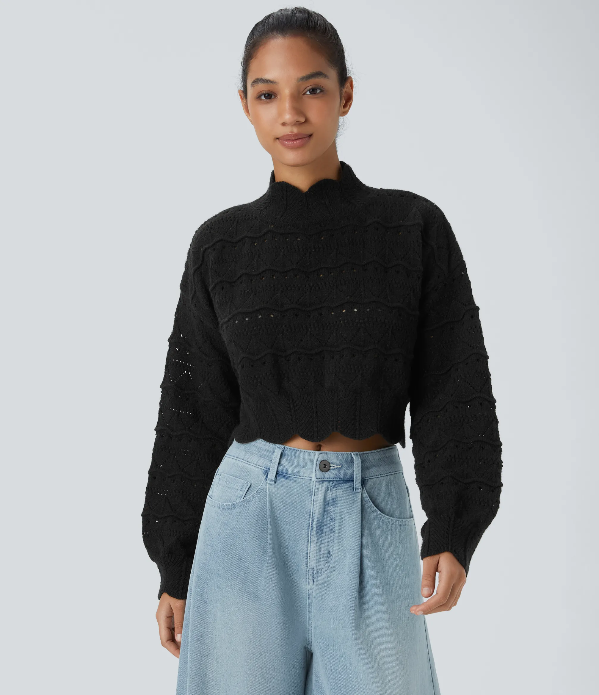 Sweaters<HALARA Mock Neck Bishop Sleeve Scallop Hem Open Knit Casual Sweater