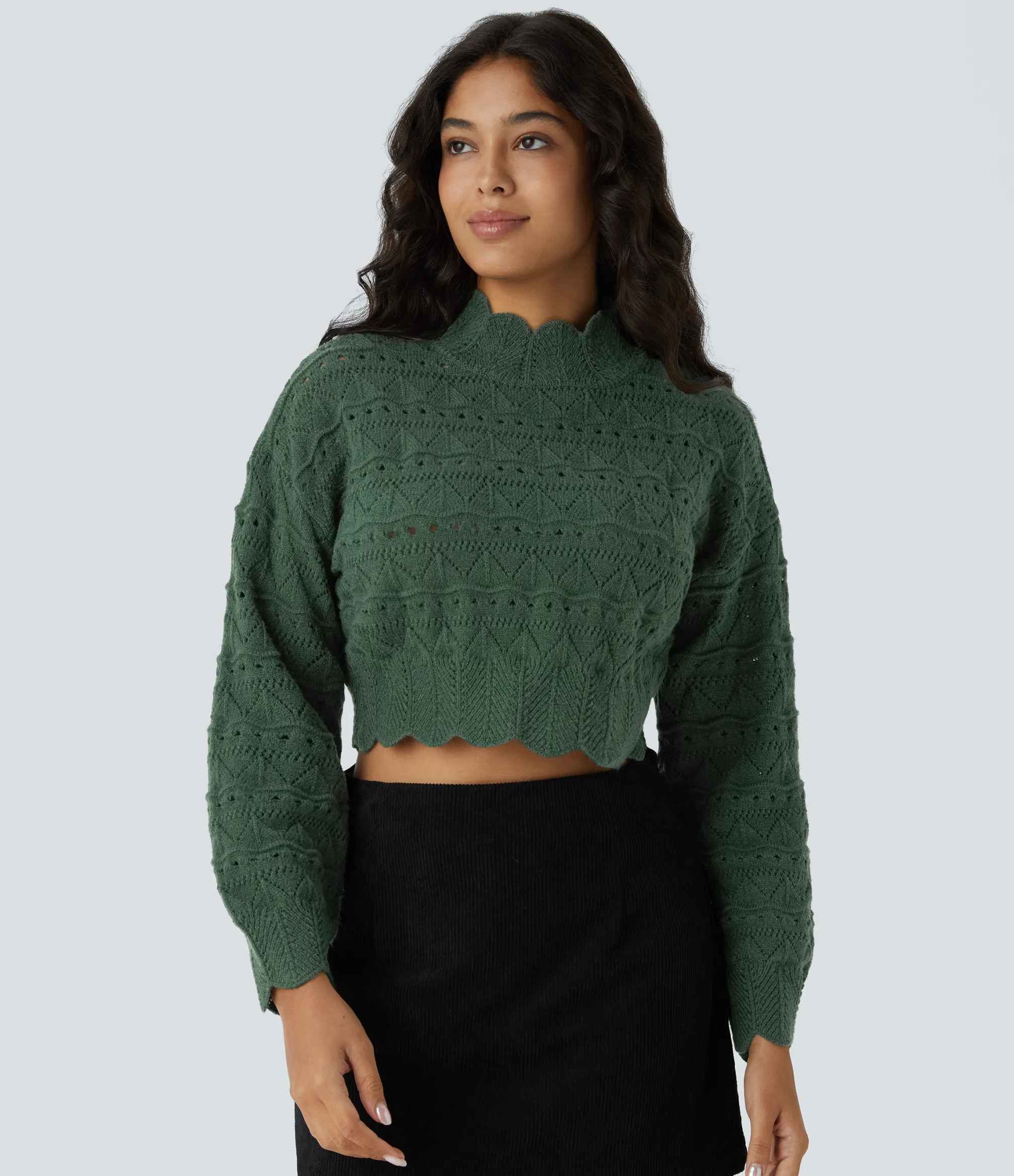 Sweaters<HALARA Mock Neck Bishop Sleeve Scallop Hem Open Knit Casual Sweater