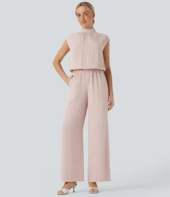 Jumpsuits<HALARA Mock Neck Keyhole Back Cap Sleeve Wide Leg Work Jumpsuit with Pockets
