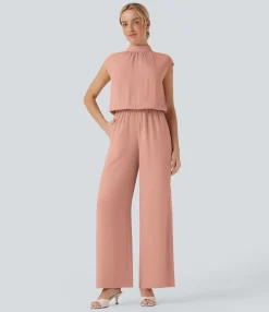 Jumpsuits<HALARA Mock Neck Keyhole Back Cap Sleeve Wide Leg Work Jumpsuit with Pockets