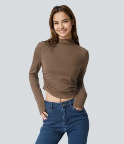 Casual Tops<HALARA Mock Neck Side Ruched Curved Hem Slim Casual Top