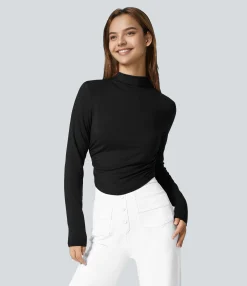 Casual Tops<HALARA Mock Neck Side Ruched Curved Hem Slim Casual Top