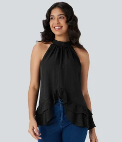Casual Tops<HALARA Mock Neck Sleeveless Asymmetric Ruffle Hem Casual Top