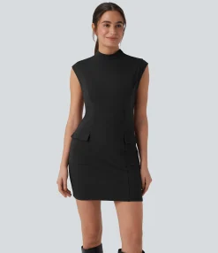 Dresses|Bodycon Dresses<HALARA Mock Neck Sleeveless Bodycon Mini Work Dress with Pockets