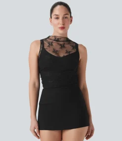Casual Tops|Tank Tops & Camis<HALARA Mock Neck Sleeveless Ruched Cropped Sheer Lace Casual Top