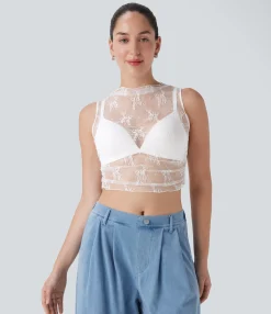 Casual Tops|Tank Tops & Camis<HALARA Mock Neck Sleeveless Ruched Cropped Sheer Lace Casual Top