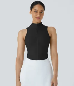 Casual Tops|Yoga Tops<HALARA Mock Neck Zip Front Sleeveless Cropped Tank Top