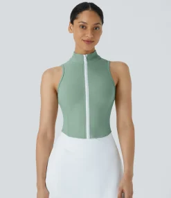 Casual Tops|Yoga Tops<HALARA Mock Neck Zip Front Sleeveless Cropped Tank Top