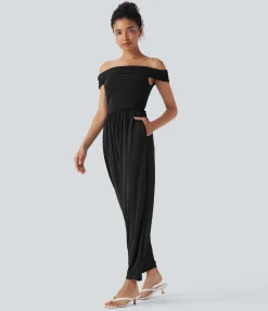 Jumpsuits<HALARA Off Shoulder Back Zipper Casual Jumpsuit with Pockets-Easy Peezy
