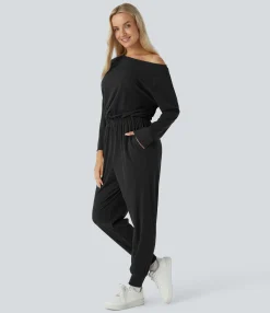 Jumpsuits<HALARA Off Shoulder Long Sleeve Pocket Waffle Casual Jumpsuit
