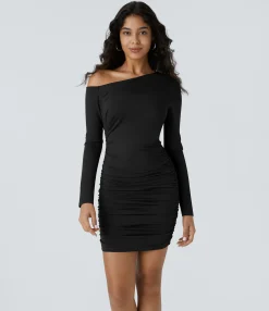 Party Dresses|Bodycon Dresses<HALARA Off Shoulder Long Sleeve Ruched Bodycon Mini Dress