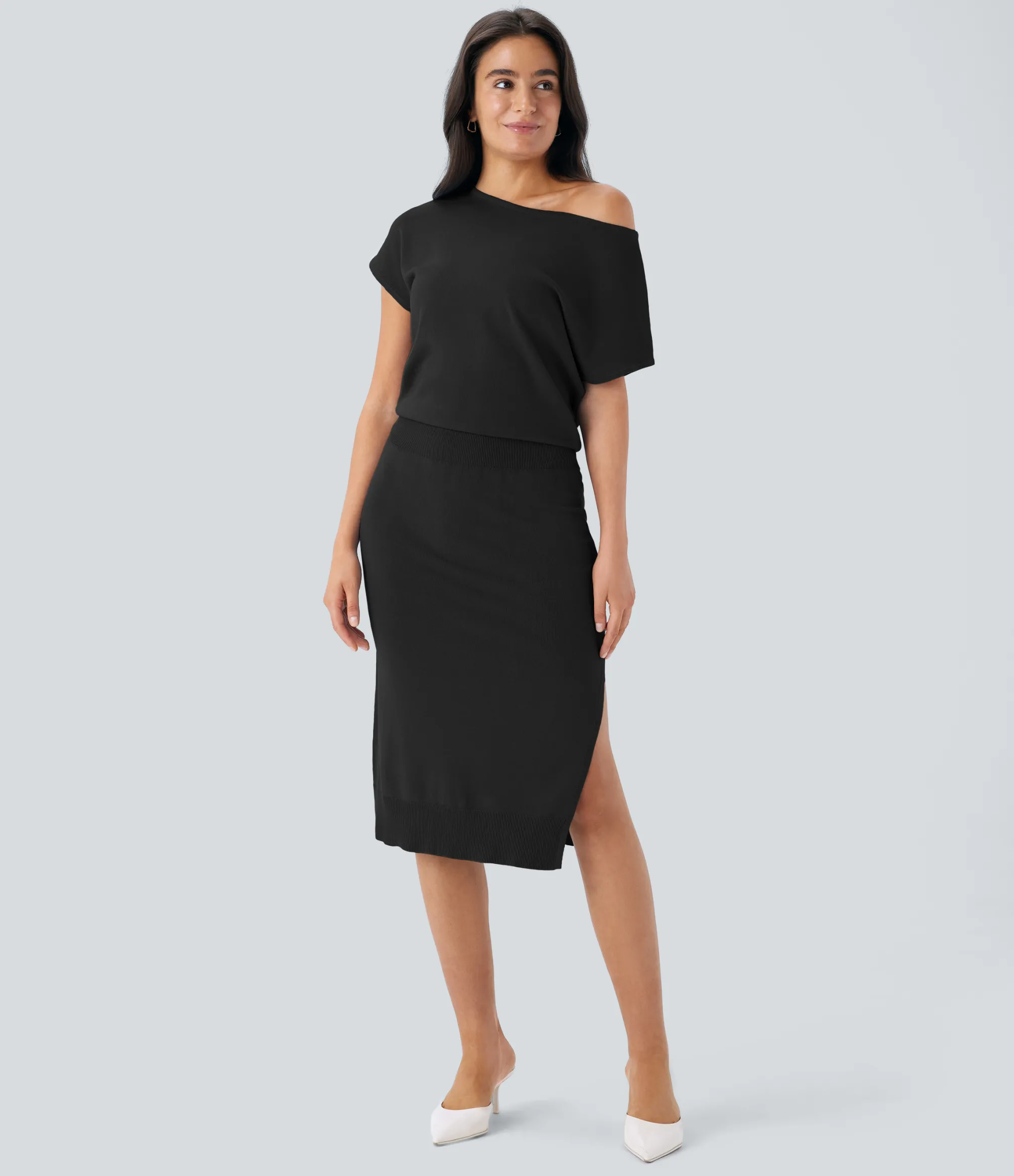 Dresses|Sweaters<HALARA Off Shoulder Short Sleeve Midi Slim Casual Sweater Dress