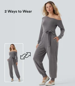 Jumpsuits<HALARA Off-Shoulder Long Sleeve Tie Casual Jumpsuit with Pockets