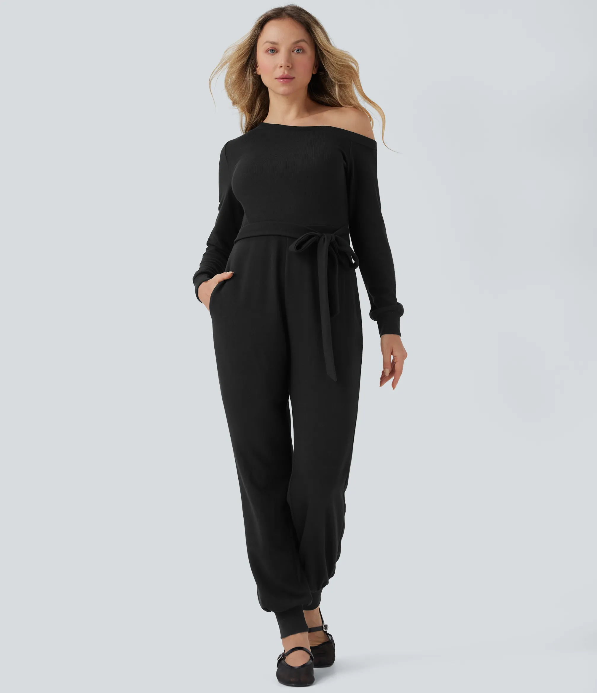 Jumpsuits<HALARA Off-Shoulder Long Sleeve Tie Casual Jumpsuit with Pockets
