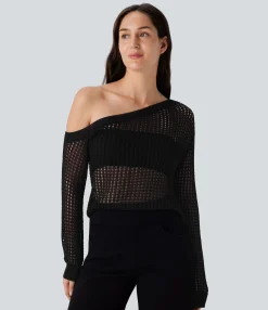 Sweaters<HALARA One Shoulder Long Sleeve Cut Out Casual Linen-Feel Sweater