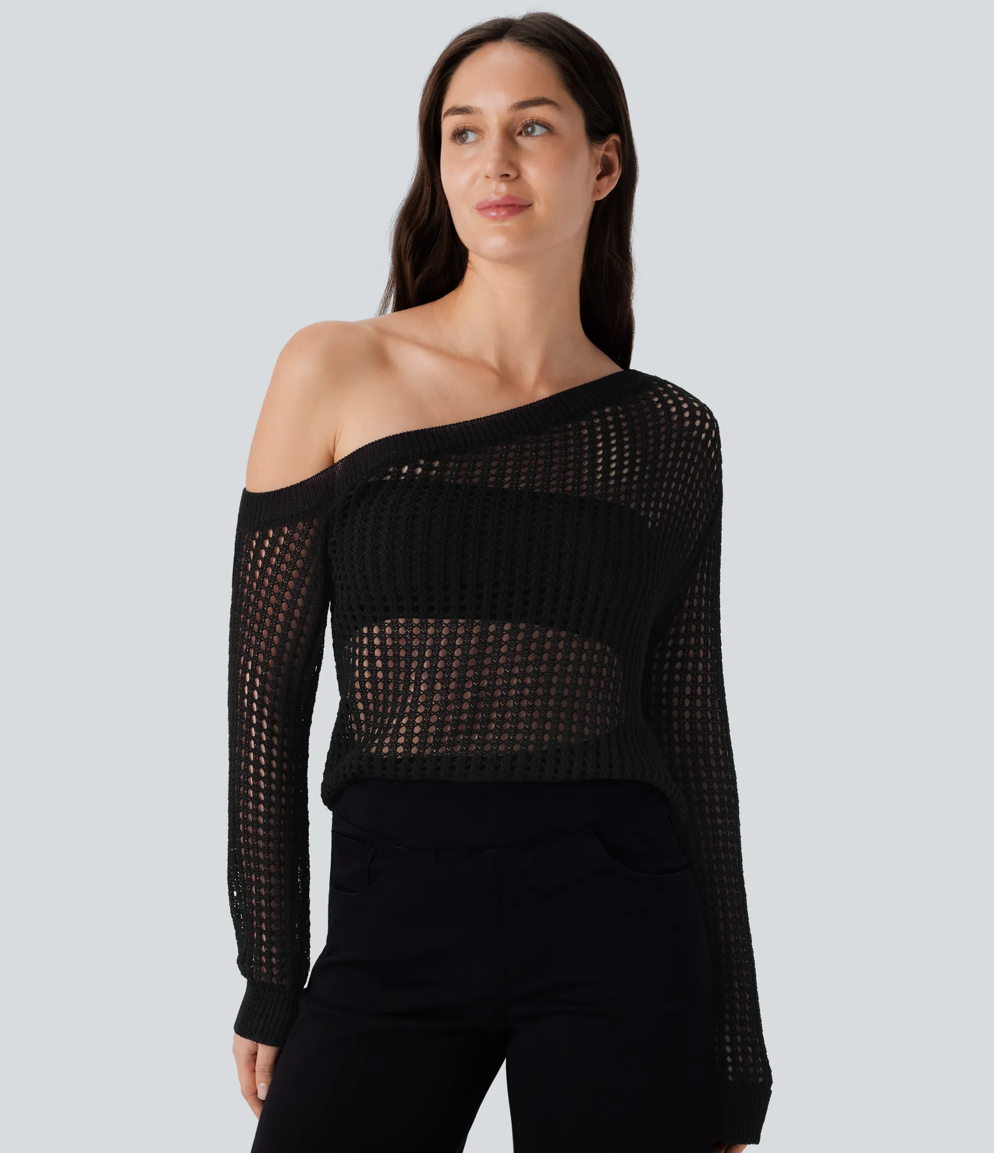 Sweaters<HALARA One Shoulder Long Sleeve Cut Out Casual Linen-Feel Sweater