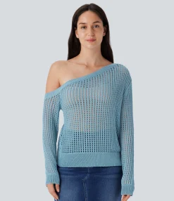 Sweaters<HALARA One Shoulder Long Sleeve Cut Out Casual Linen-Feel Sweater
