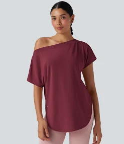 Sports Tops|Sports Tops<HALARA One Shoulder Short Sleeve Curved Hem High Low Quick Dry Yoga Sports Top