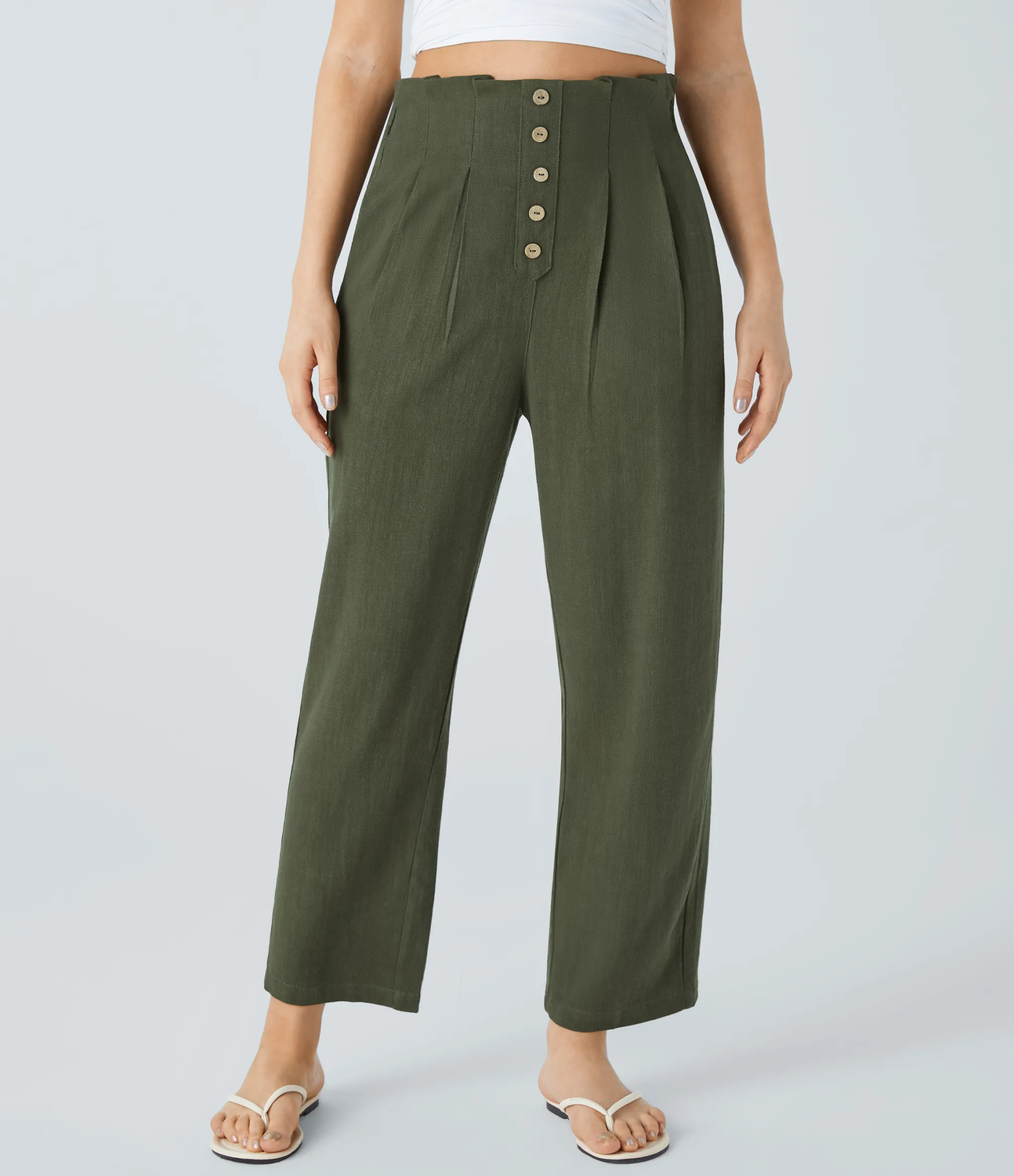 Pants<HALARA Paper Bag Waist Decorative Pocket Linen-Blend Tapered Pants