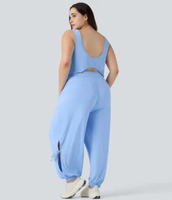 Plus Size<HALARA Plus Size Cut Out Drawstring Cool Touch Yoga Jumpsuit with Pockets-UPF50+