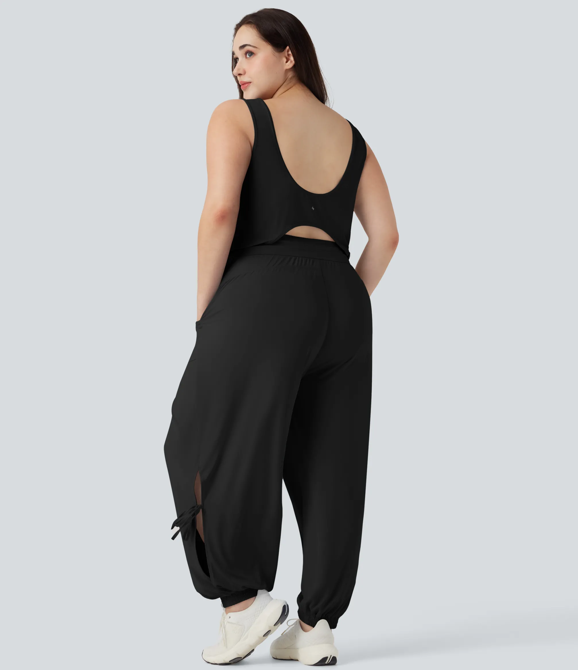 Plus Size<HALARA Plus Size Cut Out Drawstring Cool Touch Yoga Jumpsuit with Pockets-UPF50+