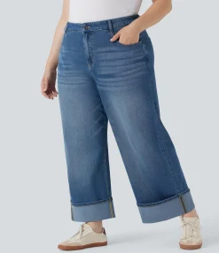 Plus-Size Denim|Plus Size<HALARA Plus Size Flex™ High Waisted Wide Leg Rolled Hem Washed Stretchy Knit Casual Jeans with Pockets