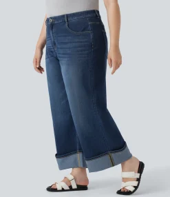 Plus-Size Denim|Plus Size<HALARA Plus Size Flex™ High Waisted Wide Leg Rolled Hem Washed Stretchy Knit Casual Jeans with Pockets