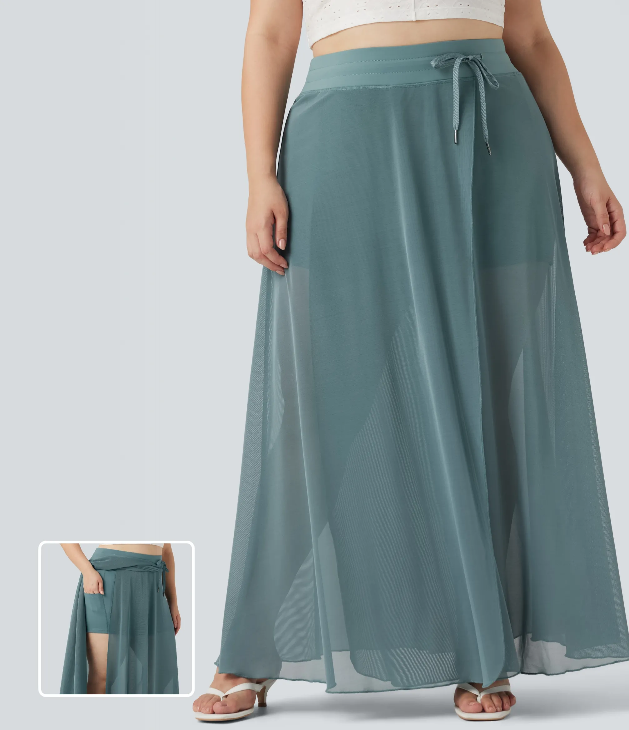 Skirts<HALARA Plus Size High Waisted Drawstring Contrast Mesh 2-in-1 Flowy Maxi Skirt with Pockets