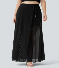 Skirts<HALARA Plus Size High Waisted Drawstring Contrast Mesh 2-in-1 Flowy Maxi Skirt with Pockets