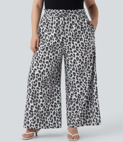 Plus Size<HALARA Plus Size High Waisted Drawstring Leopard Print Wide Leg Casual Pants with Pockets