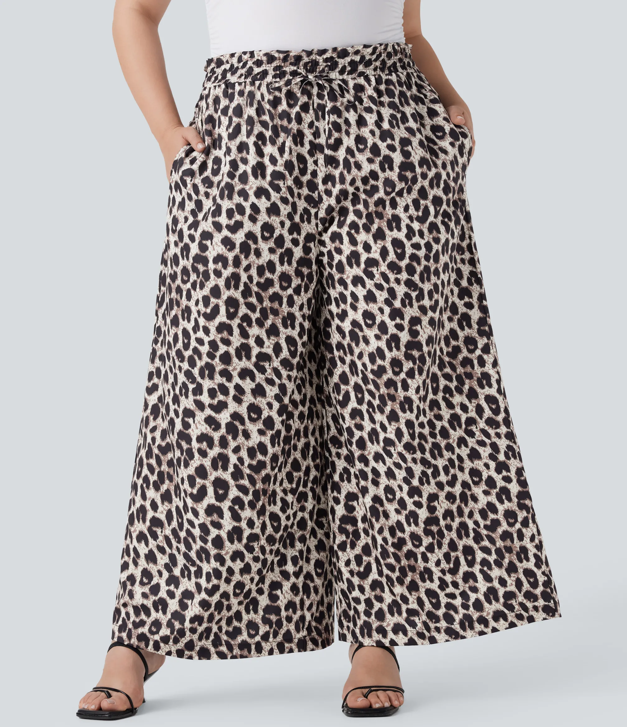 Plus Size<HALARA Plus Size High Waisted Drawstring Leopard Print Wide Leg Casual Pants with Pockets