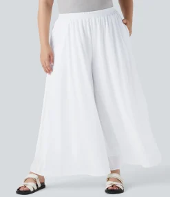 Plus Size<HALARA Plus Size High Waisted Mesh Overlay Wide Leg Casual Pants with Pockets