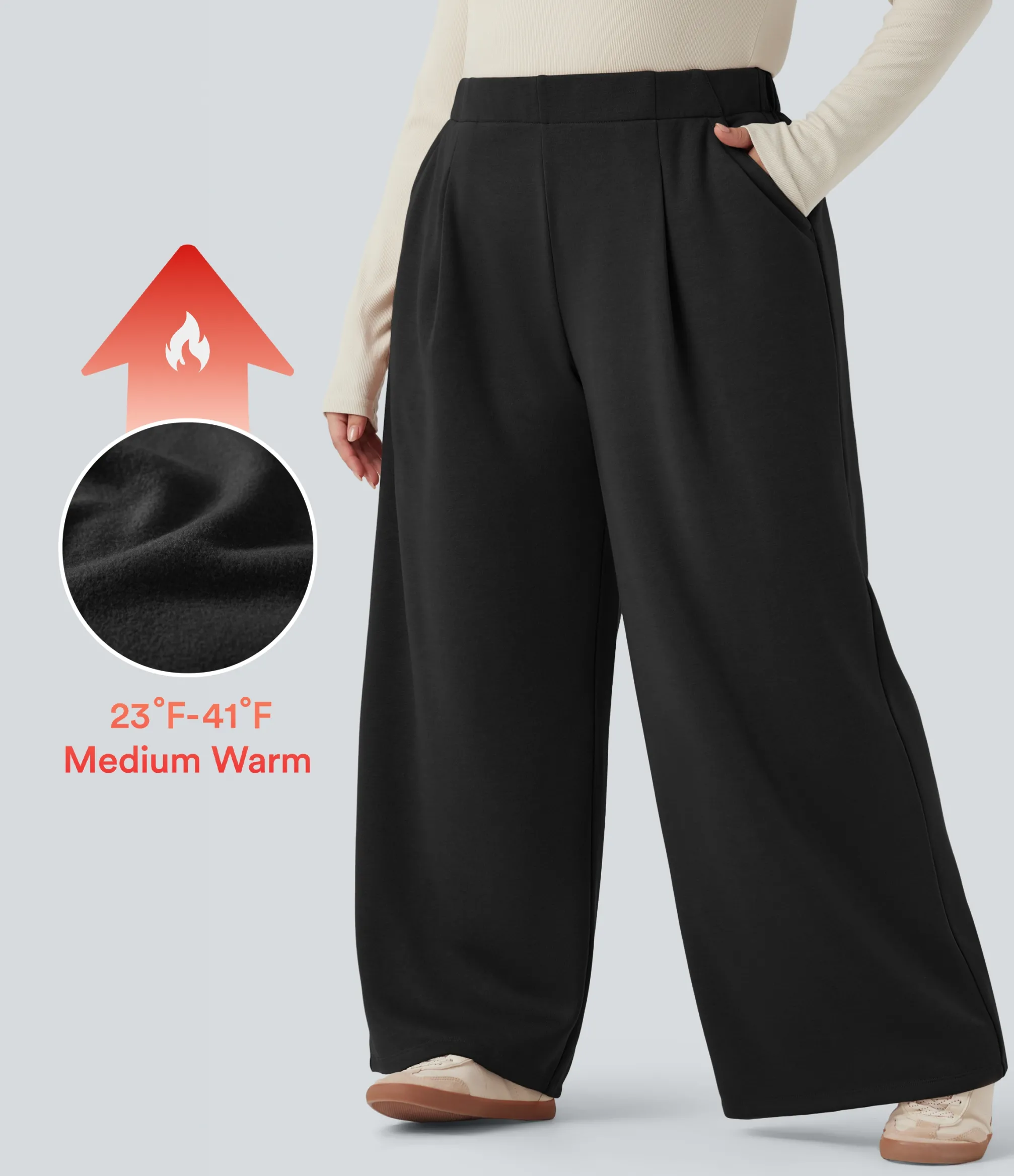 Plus Size<HALARA Plus Size High Waisted Wide Leg Fleece Casual Pants with Pockets