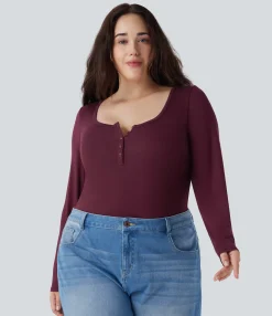 Casual Tops|Plus Size<HALARA Plus Size Ribbed Henley Neck Long Sleeve Casual Top