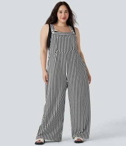 Plus Size<HALARA Plus Size Stripe Waffle Overalls with Pockets