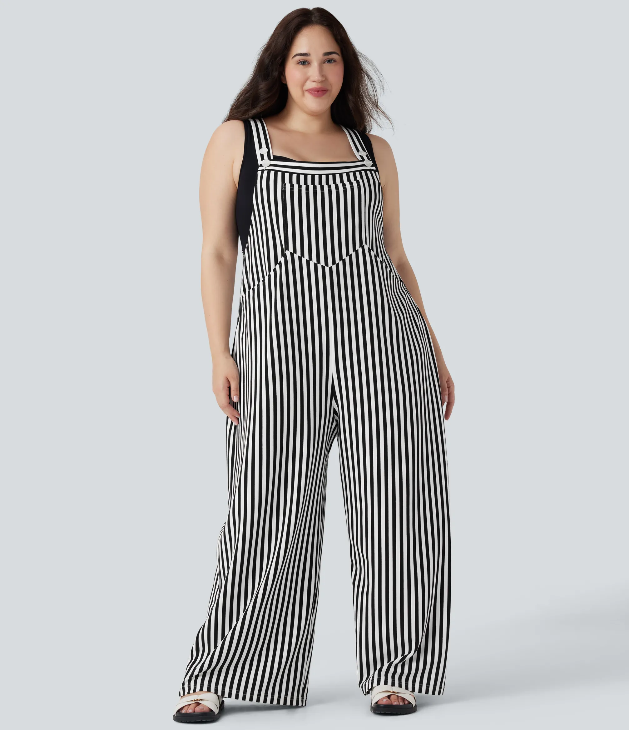 Plus Size<HALARA Plus Size Stripe Waffle Overalls with Pockets