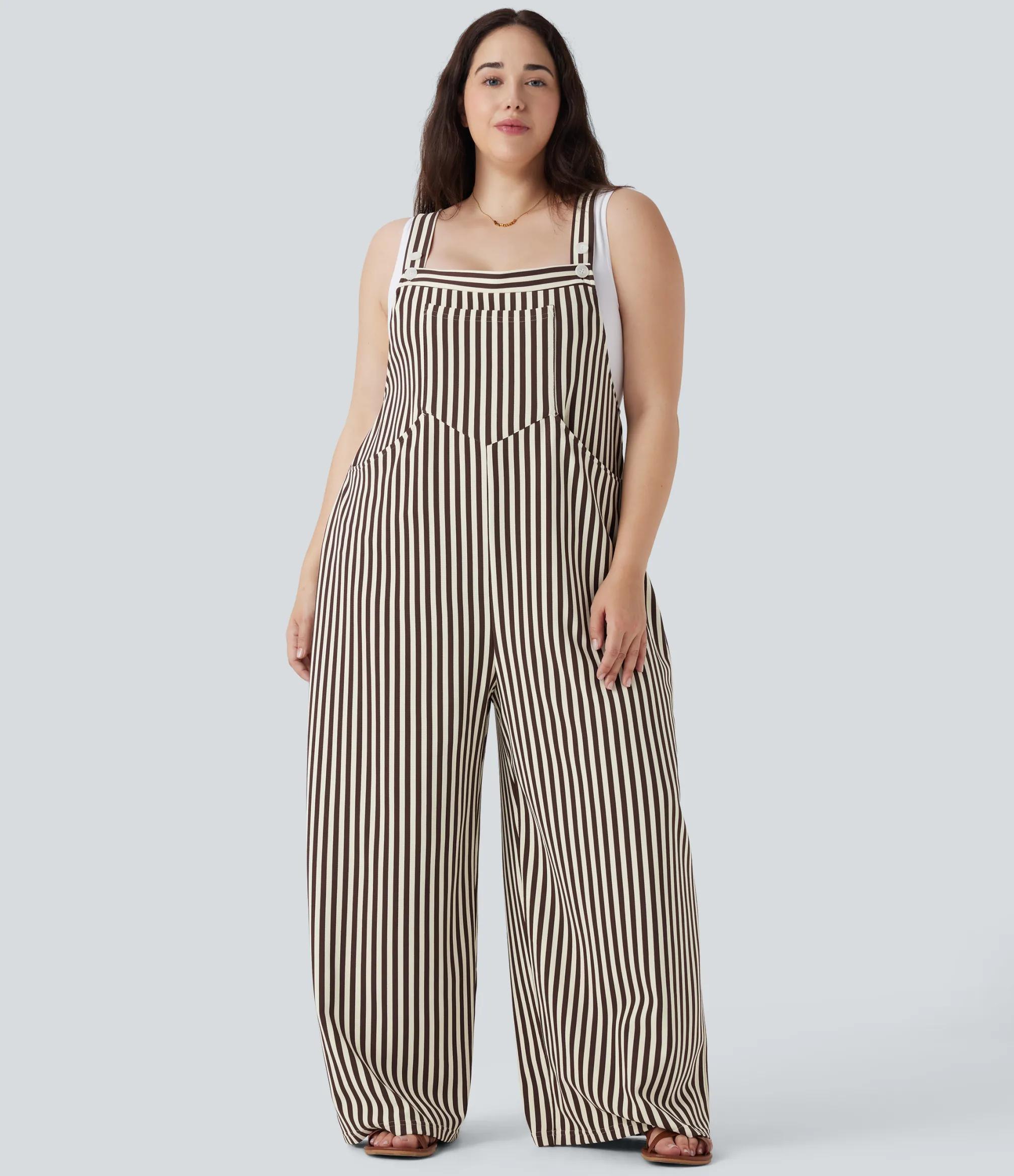 Plus Size<HALARA Plus Size Stripe Waffle Overalls with Pockets