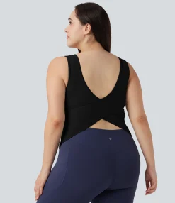 Plus Size<HALARA Plus Size U Neck Crossover Yoga Tank Top-Longer Length