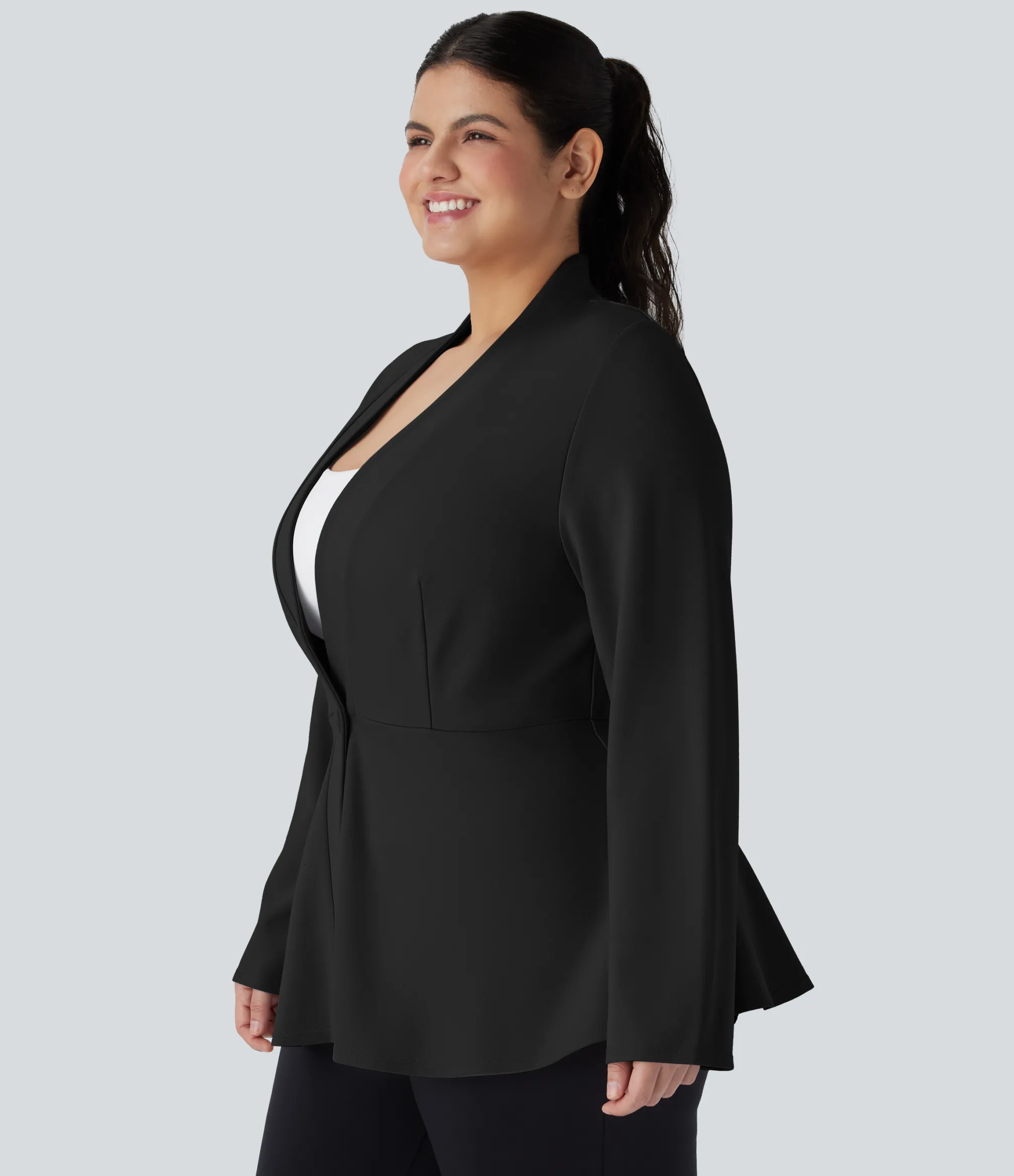 Work Tops|Plus Size<HALARA Plus Size V Neck Long Sleeve Single Front Work Peplum Jacket