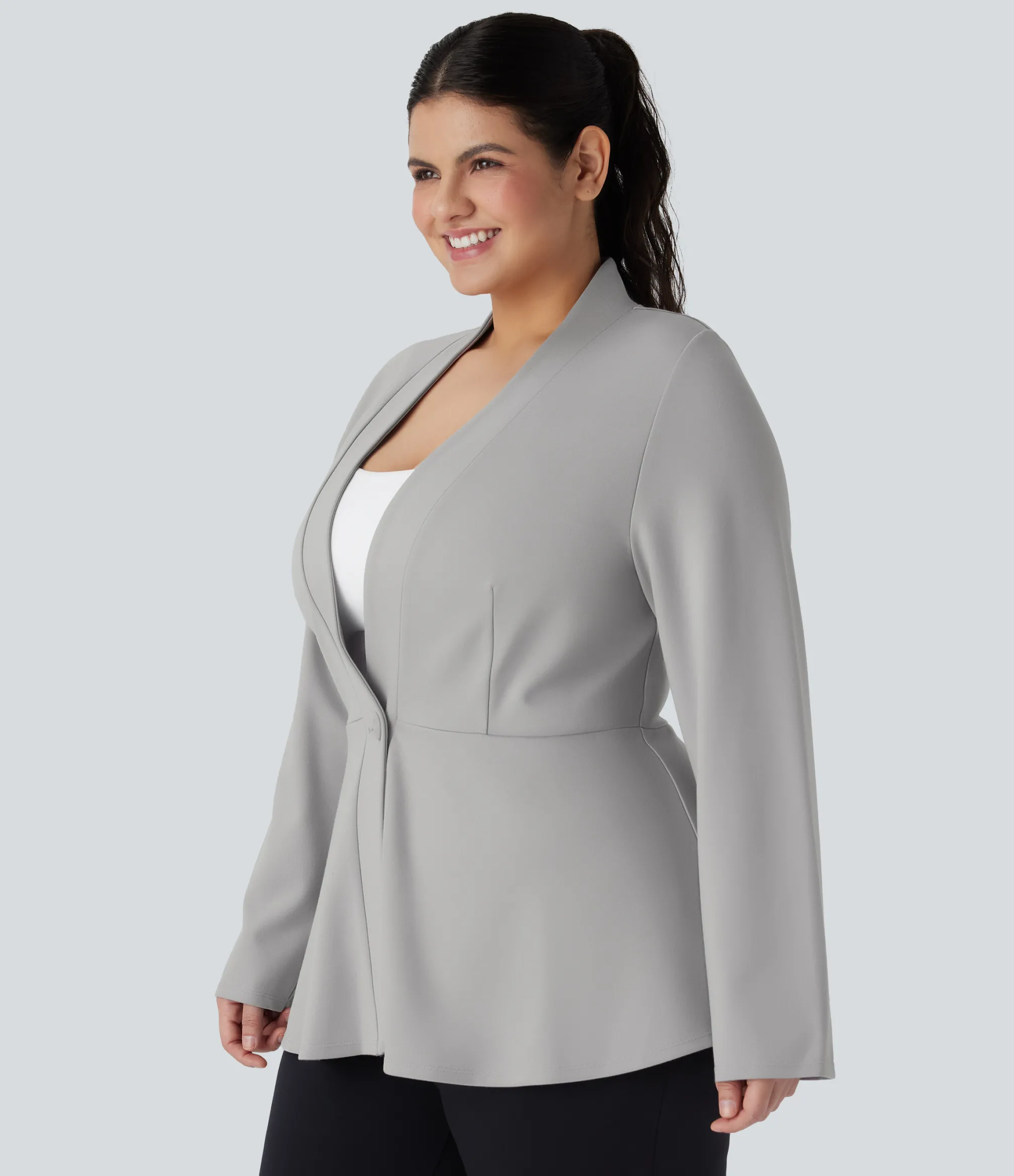 Work Tops|Plus Size<HALARA Plus Size V Neck Long Sleeve Single Front Work Peplum Jacket