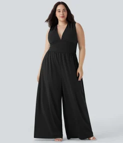 Plus Size<HALARA Plus Size V Neck Sleeveless Jumpsuit with Pockets-Easy Peezy Edition