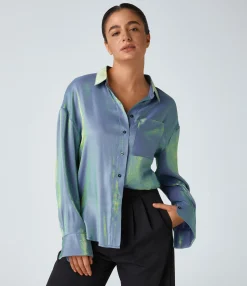 Work Tops|Shirts Blouses<HALARA Pocket High Low Curved Hem Shine Oversize Work Shirt